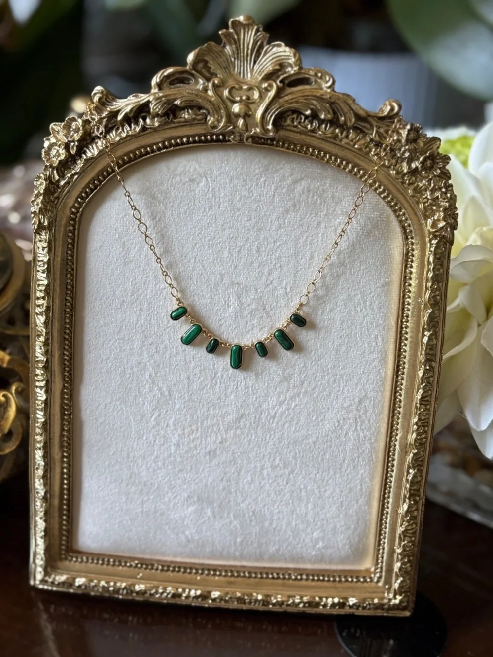 Goldtone Necklace with Green Mini Pendants by Plunder Design Private Label